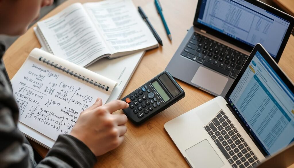 Student using a statistics calculator to solve complex problems