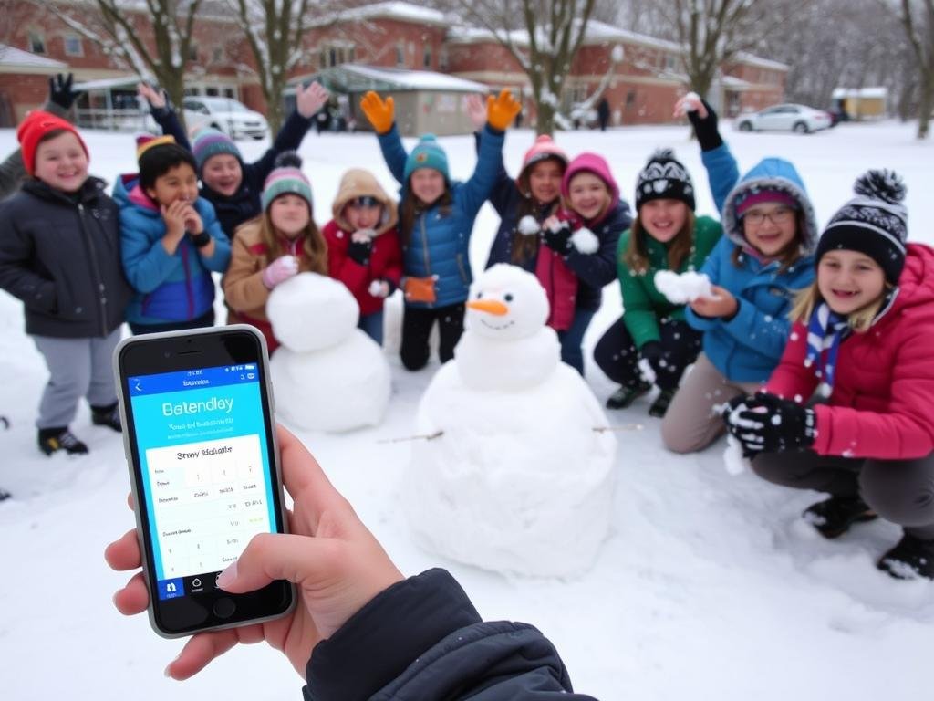 Students celebrating a successful snow day prediction with winter activities