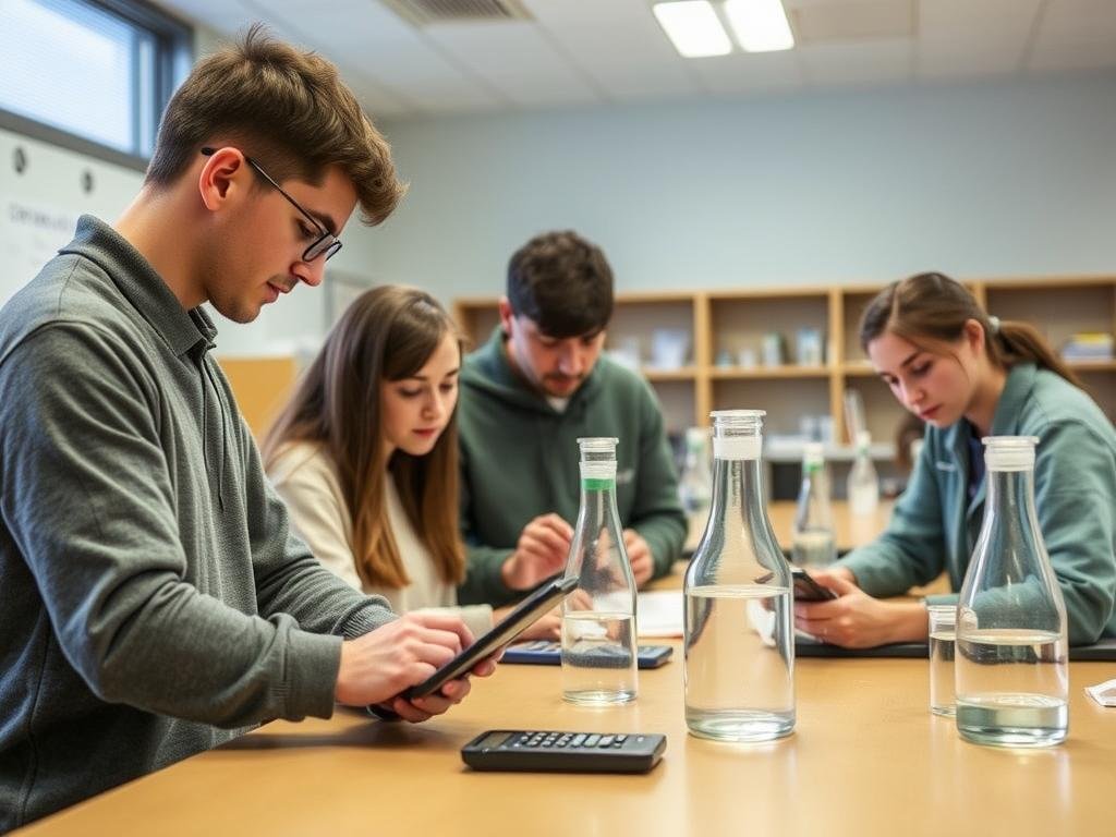 Students in a classroom laboratory calculating percent error for their experiment results