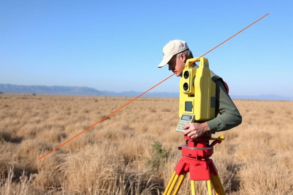 Surveyor using trigonometry and right triangle principles in the field