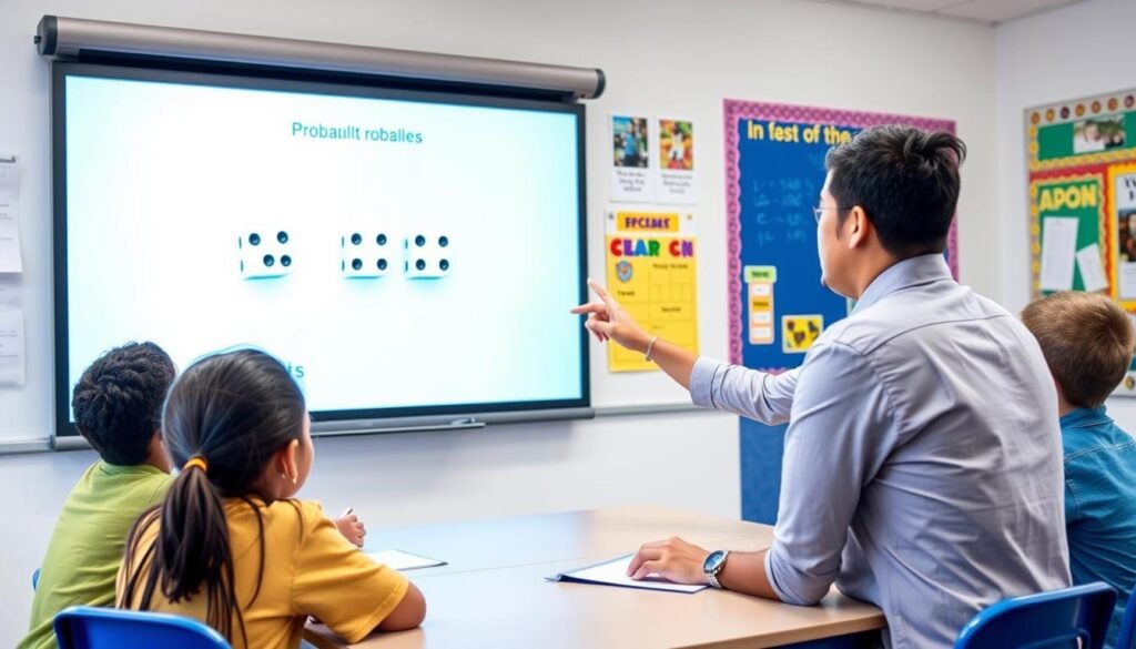 Teacher using a virtual dice roller in a classroom setting with students