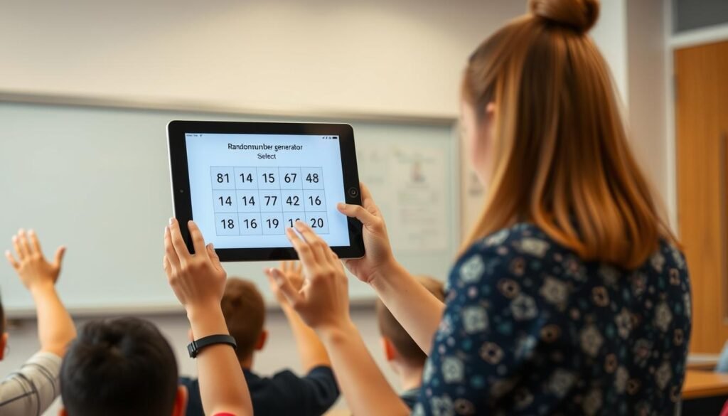 Teacher using random number generator in classroom