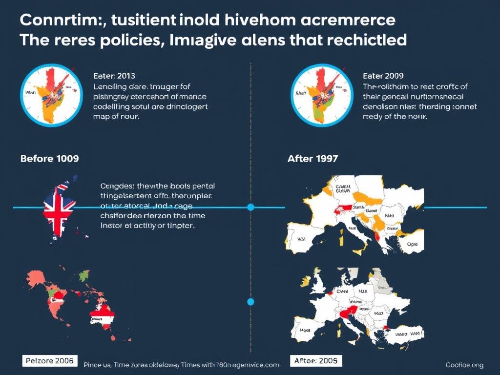 Timeline showing historical time zone policy changes by different countries