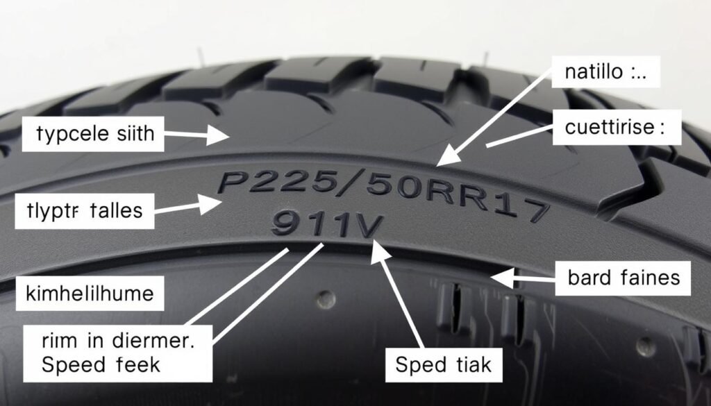Tire sidewall markings with labeled components showing how to read tire size