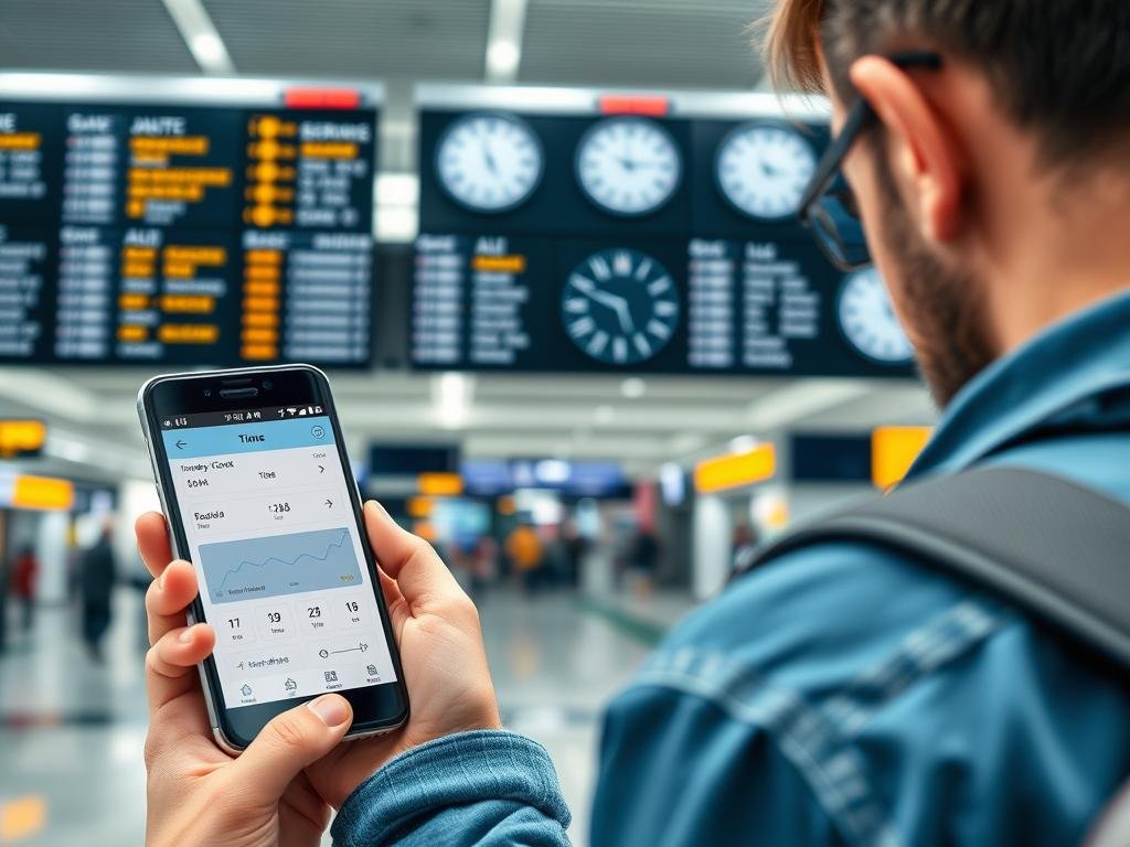 Traveler checking time zones on smartphone while at an airport