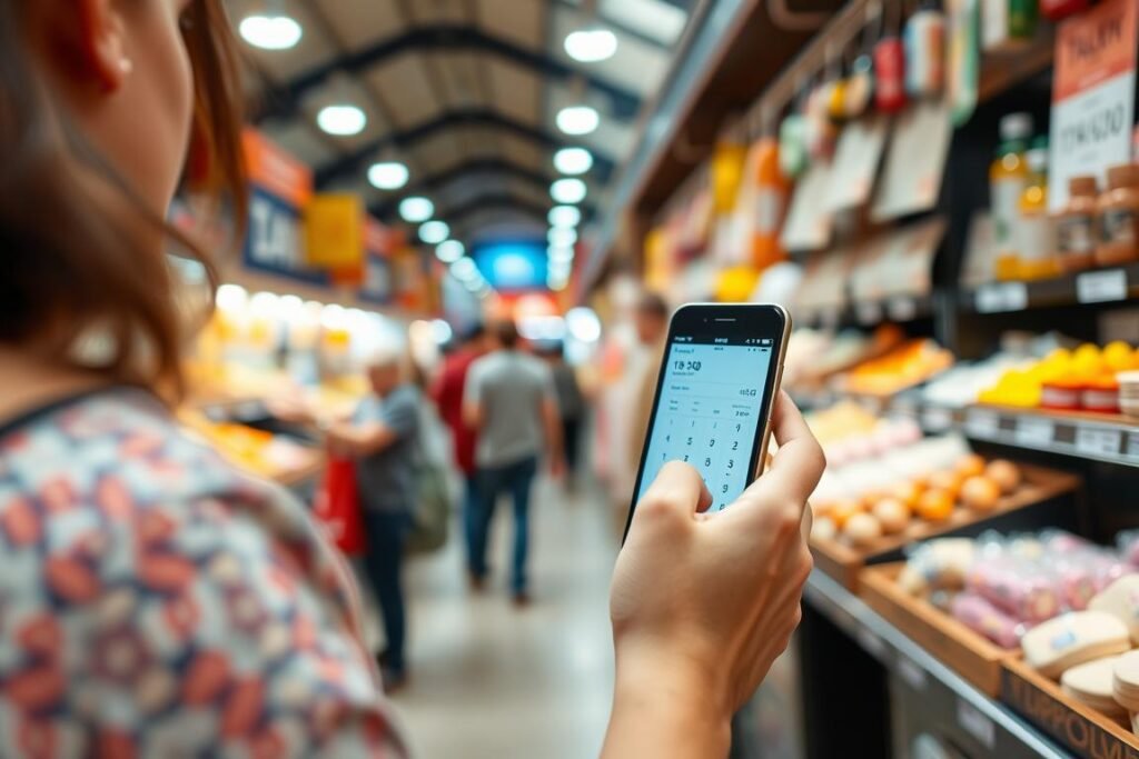 Traveler using a conversion calculator app to convert currency while shopping abroad