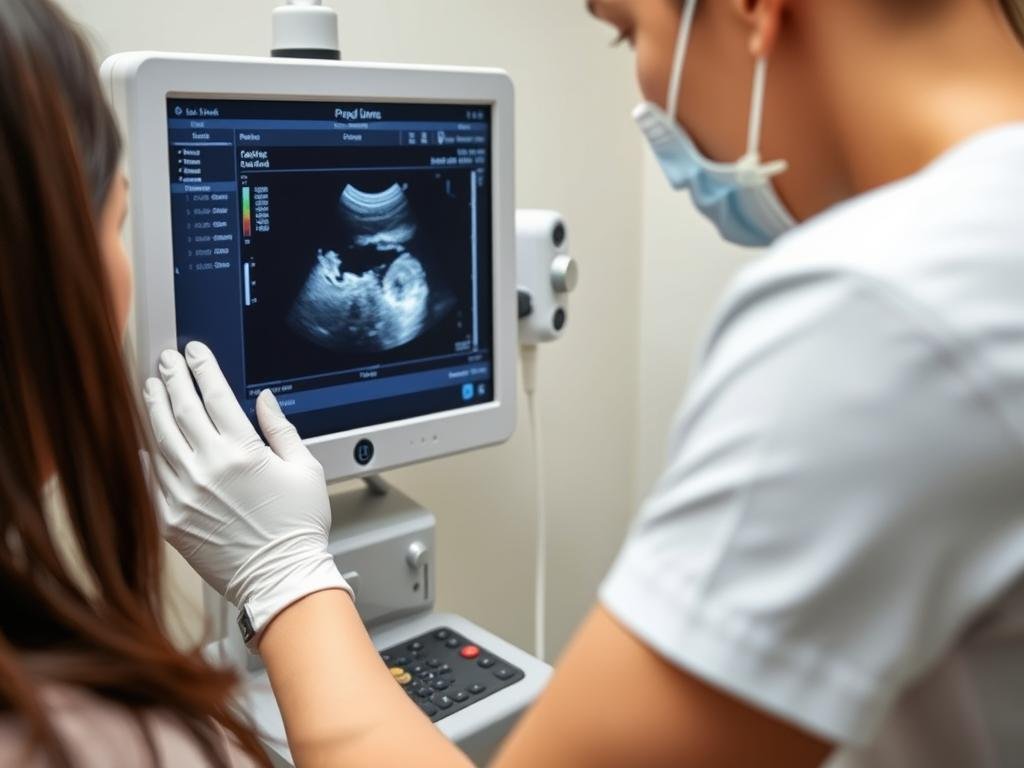 Ultrasound being used to confirm pregnancy dating