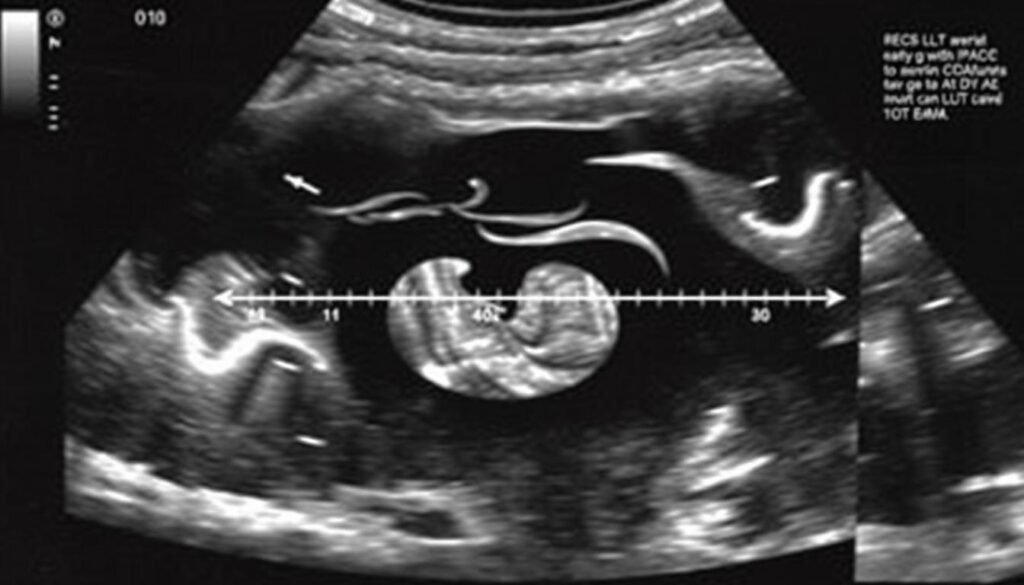 Ultrasound image of early pregnancy with measurement markers