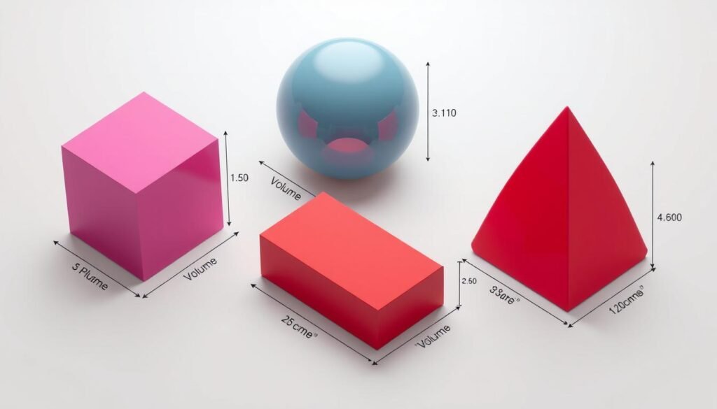 Various 3D shapes with volume formulas displayed