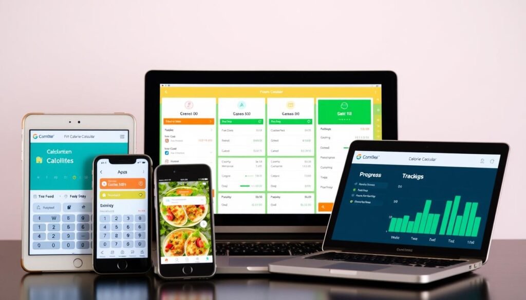 Various calorie calculator tools and apps displayed on different devices