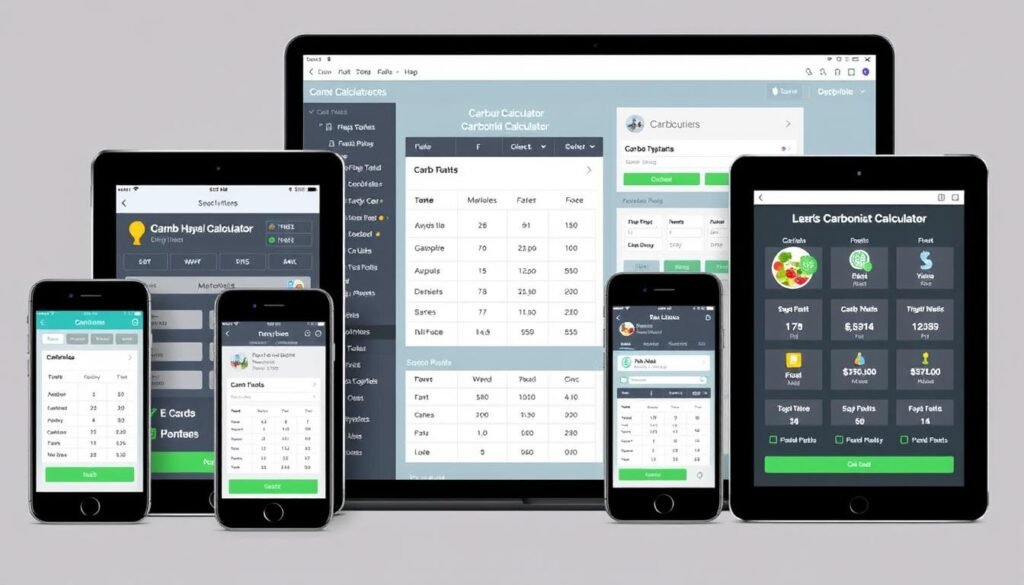 Various carbohydrate calculator tools and apps on different devices