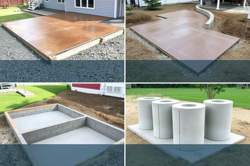 Various concrete projects showing different applications like slabs footings and columns