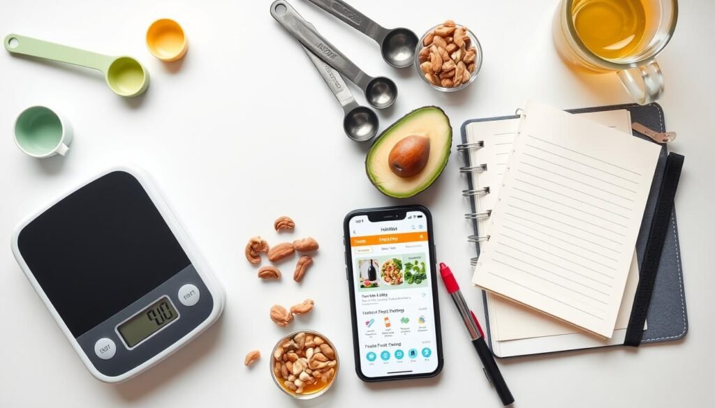 Various tools for tracking fat intake including a food scale, measuring cups, and smartphone app