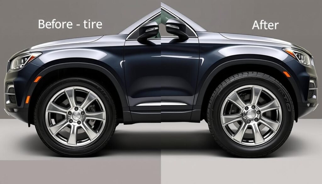 Vehicle with upgraded wheels and tires showing before and after comparison