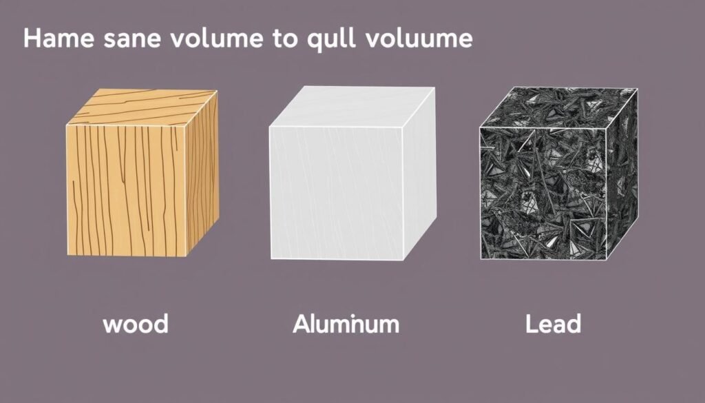 Visual representation of density showing different materials with same volume but different masses