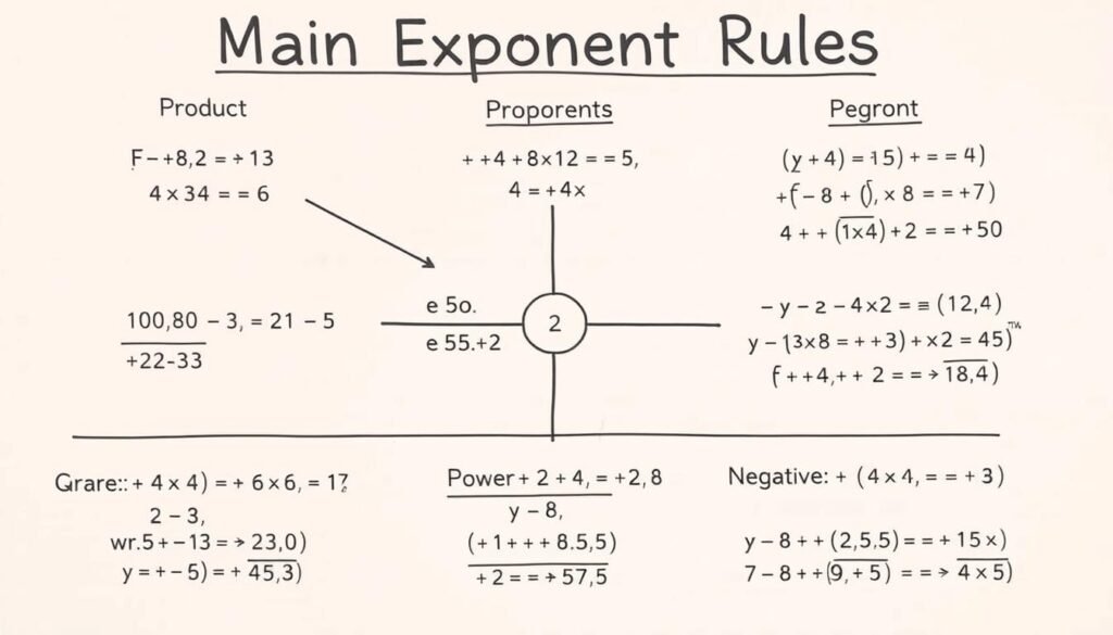 Visual representation of exponent rules showing product quotient and power rules