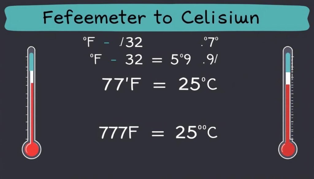 Visual representation of the Fahrenheit to Celsius conversion formula with example calculation