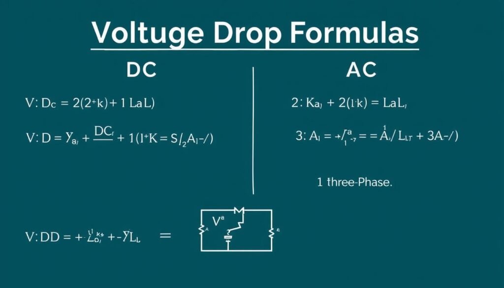 Voltage drop formulas for DC and AC systems with labeled variables