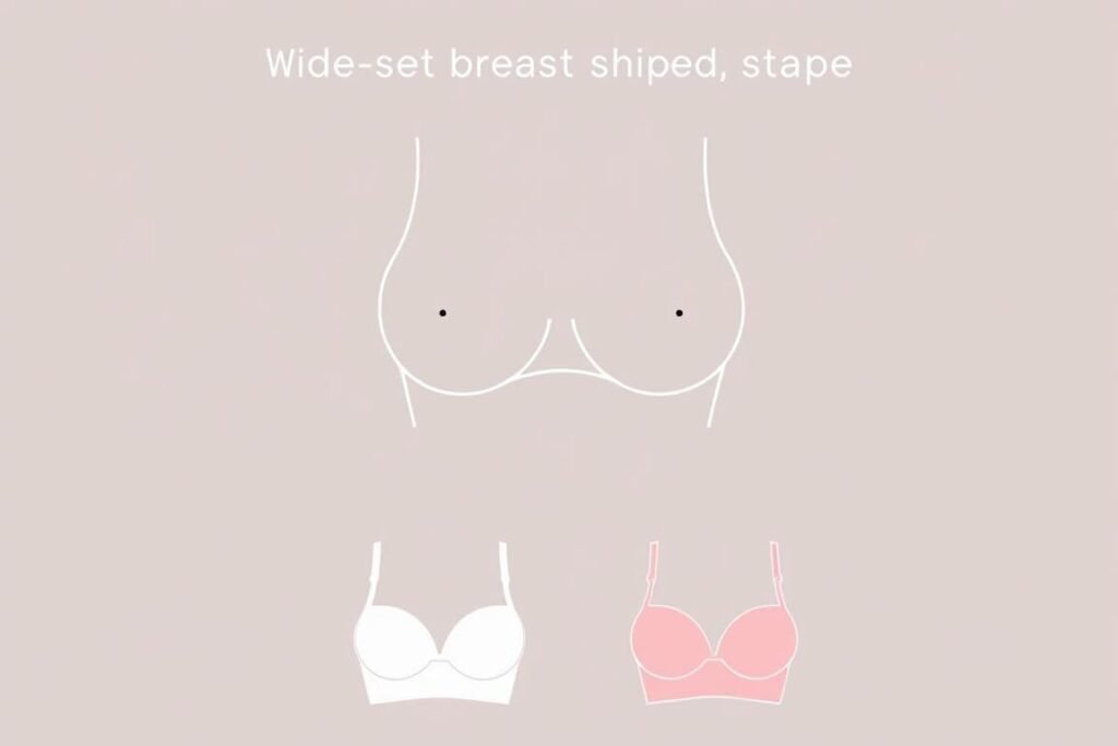 Wide set breast shape illustration with recommended bra styles