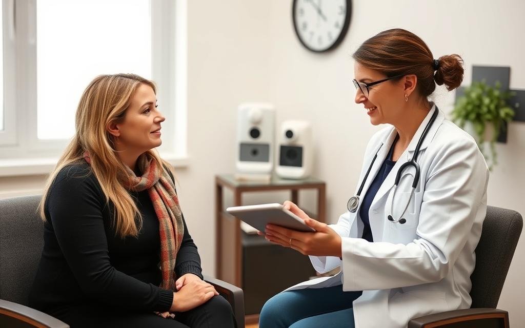 Woman discussing fertility concerns with female doctor