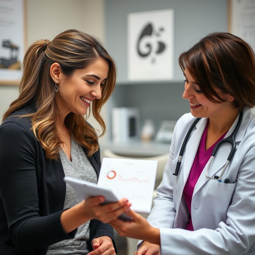 Woman discussing menstrual cycle data with a healthcare provider