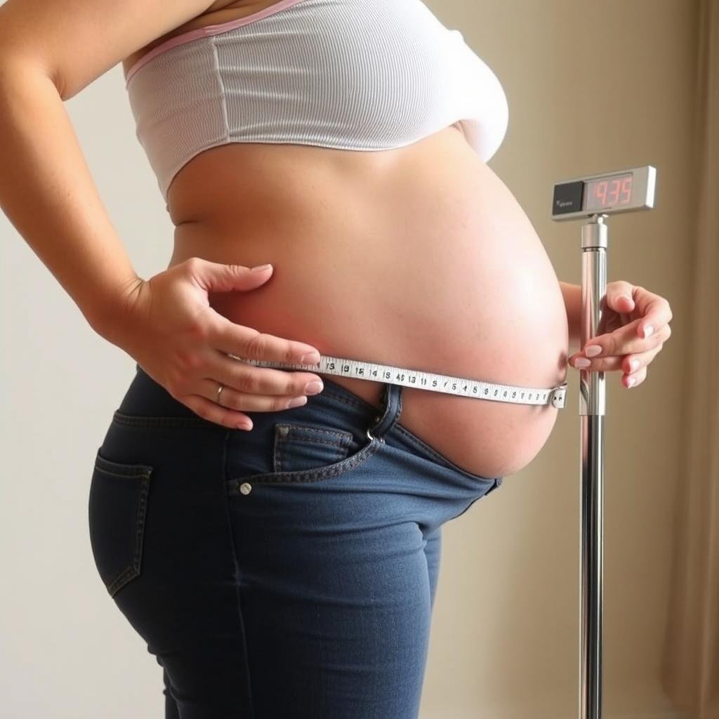 Woman in third trimester with full pregnancy belly