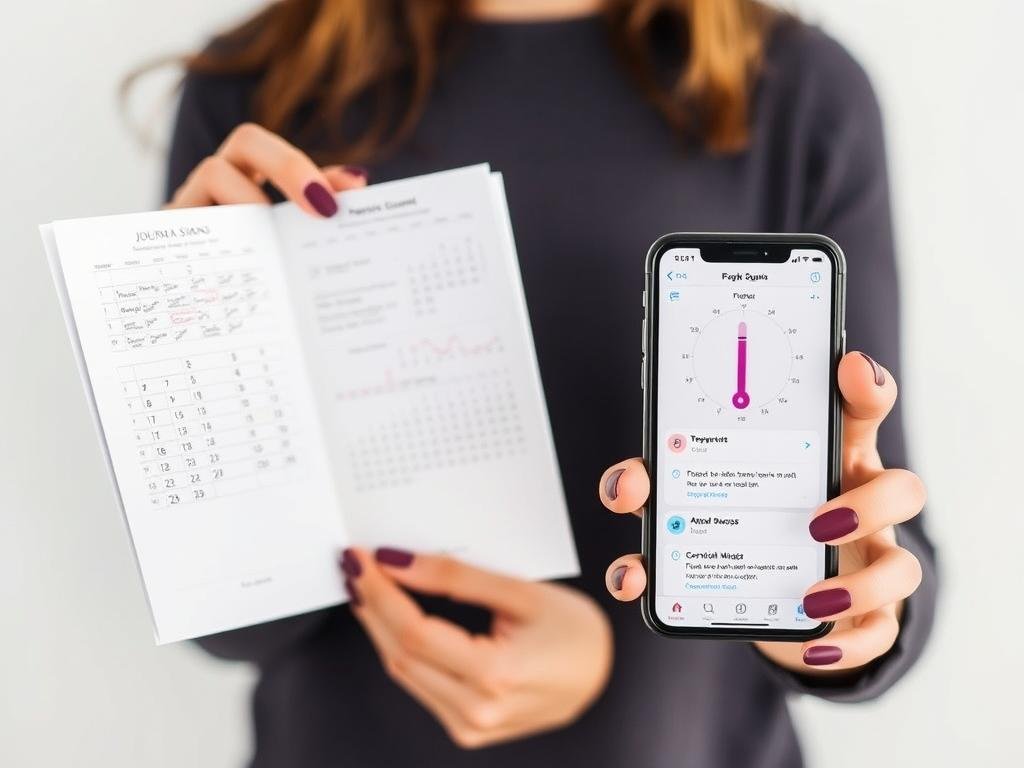 Woman tracking fertility signs in journal and app