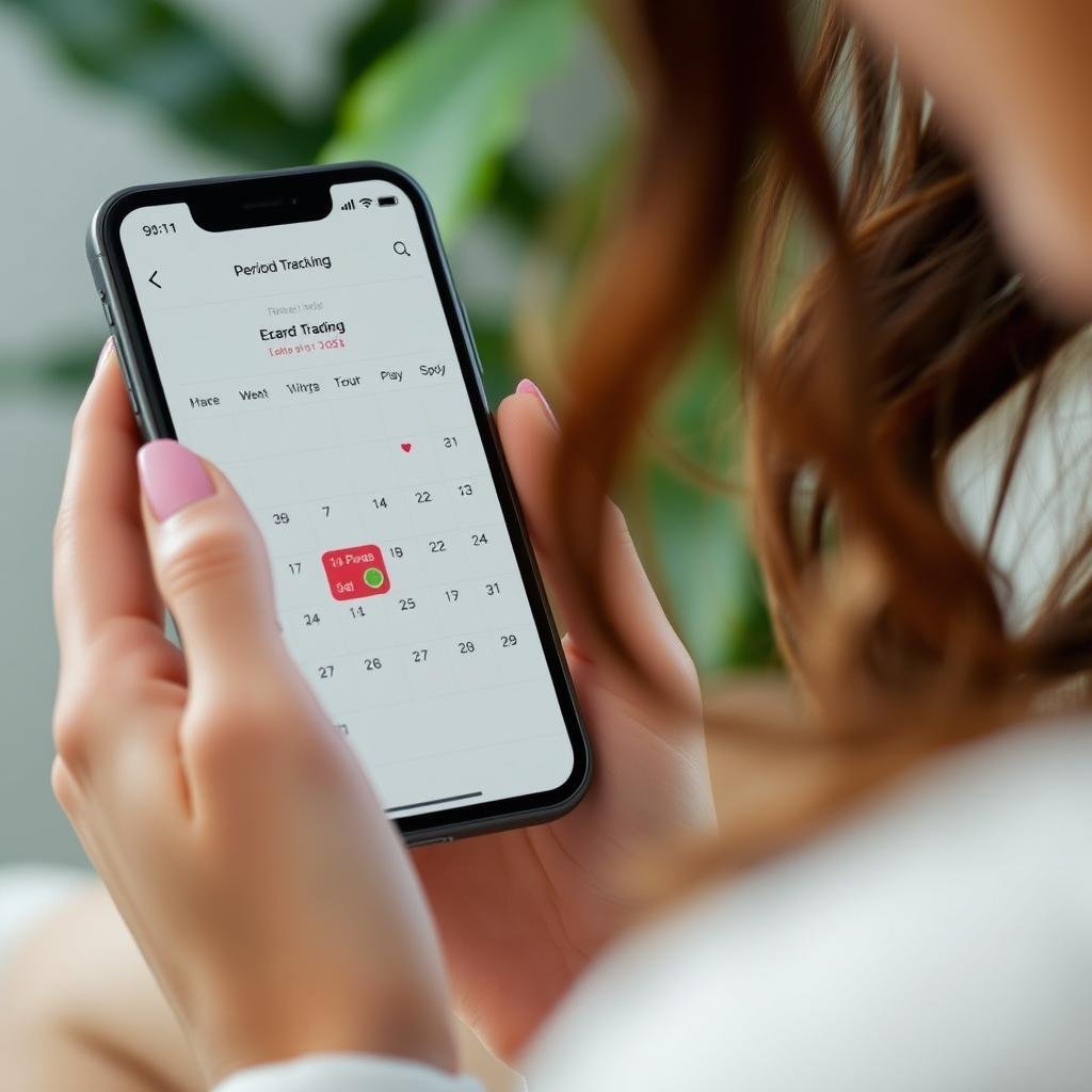 Woman tracking menstrual cycle on calendar app