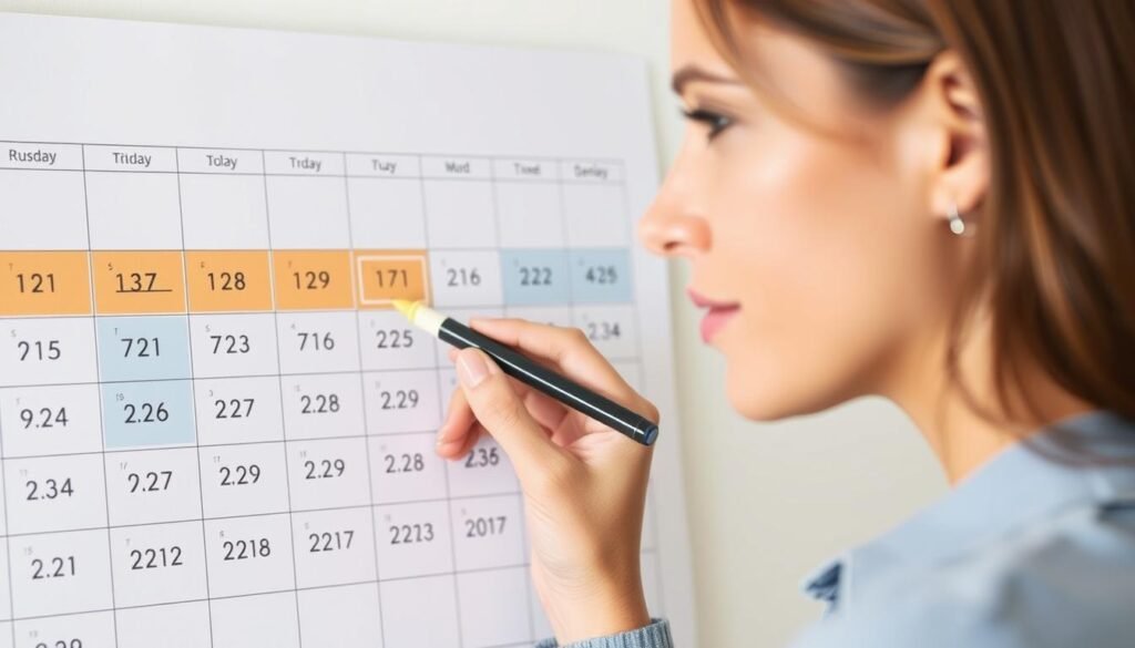 Woman tracking ovulation calendar with pen marking fertile days