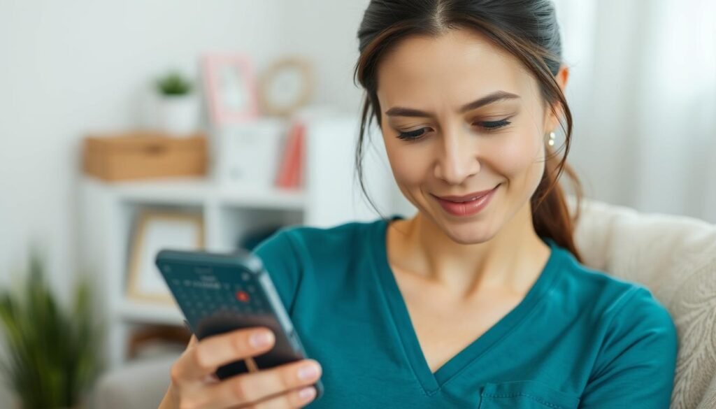 Woman using a period calculator app on her smartphone to track her menstrual cycle