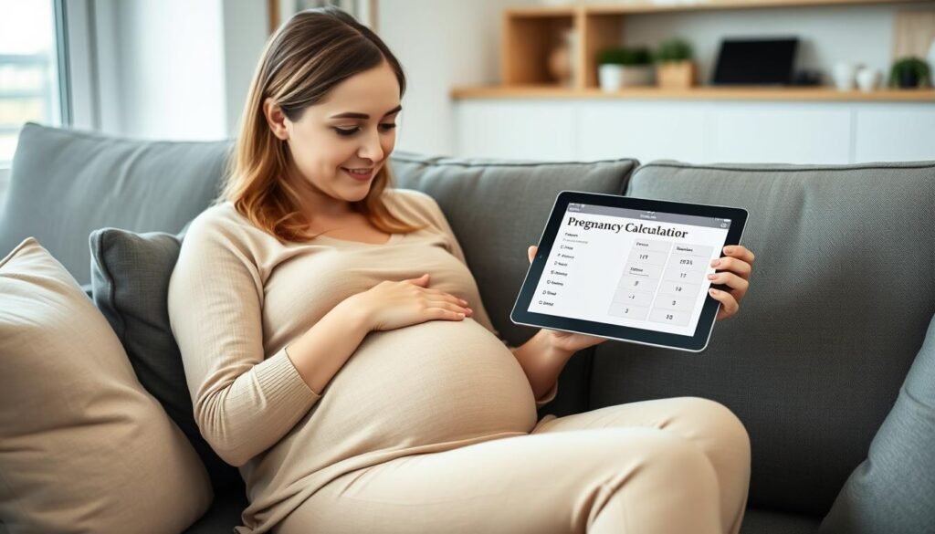 Woman using a pregnancy conception calculator on a tablet