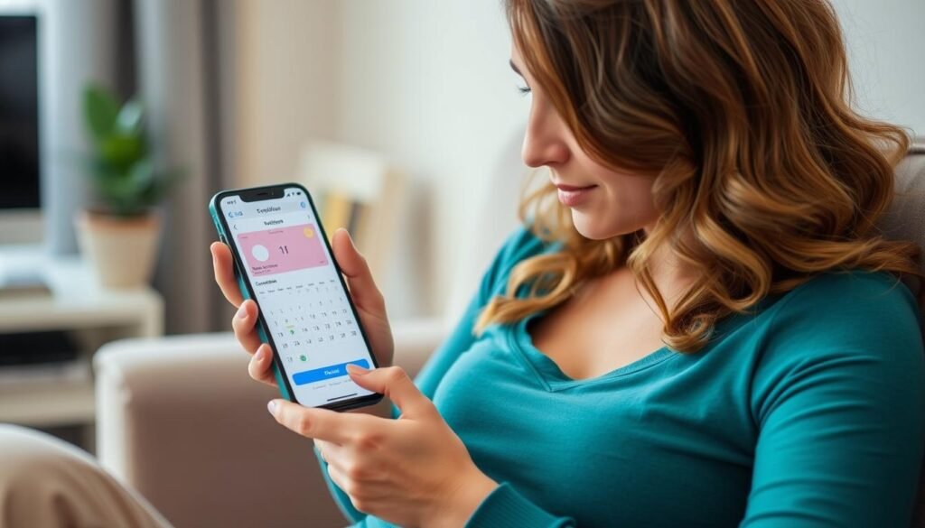 Woman using ovulation calculator app on smartphone