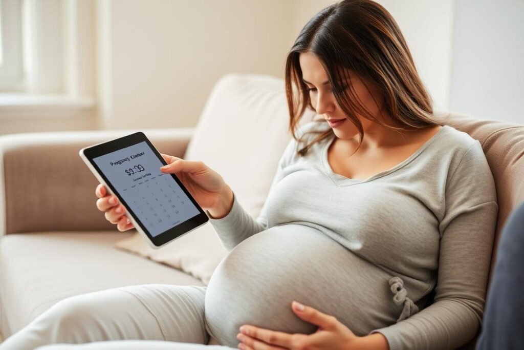 Woman using pregnancy calculator on tablet